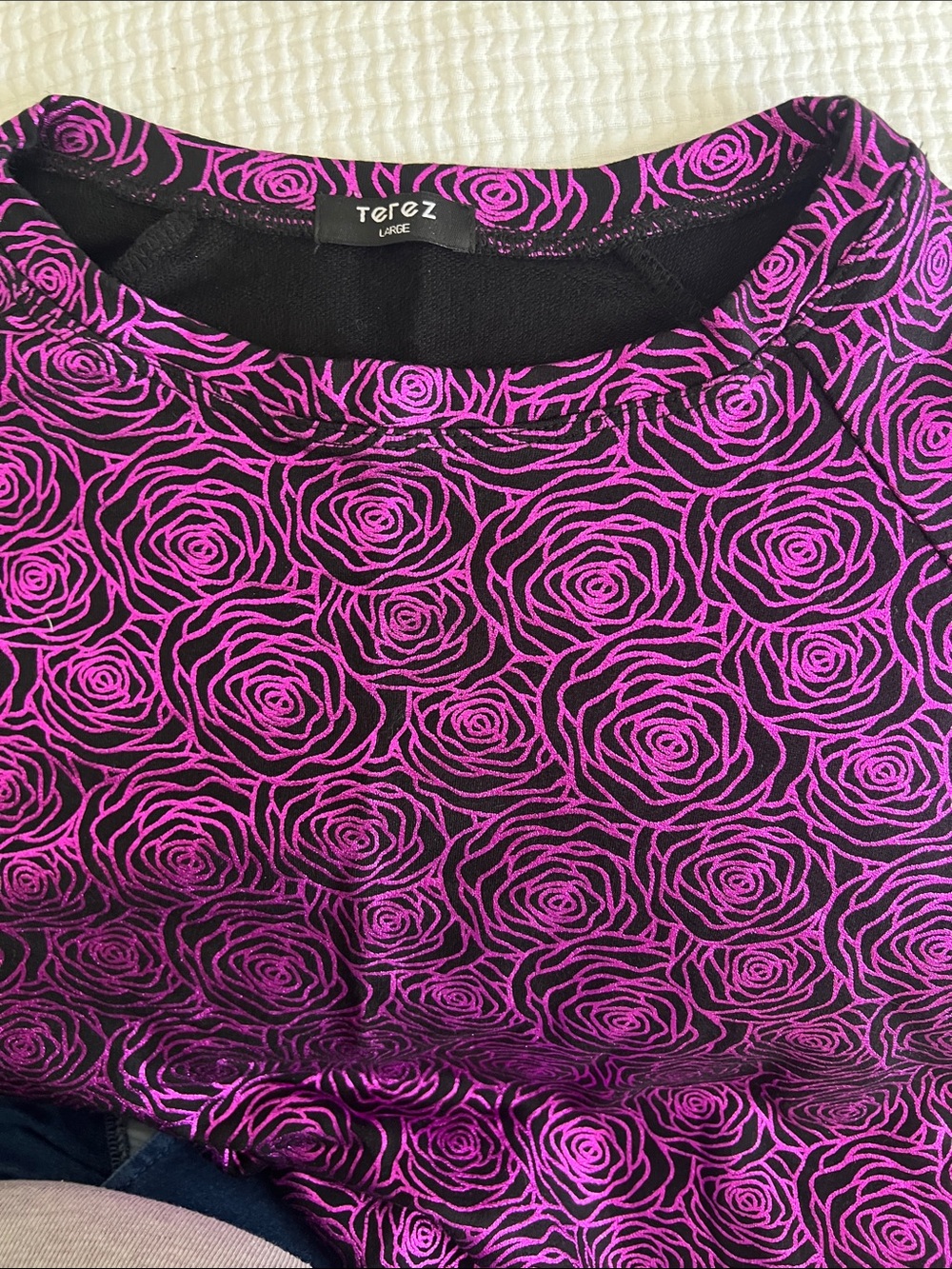 Terez Black Top with Bright Pink Rose Pattern